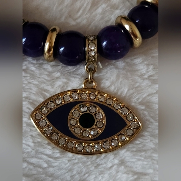 Hamsa Khamsa Fatima Eye Stretch Bling Charm Bracelet Purple Gold NWT - Picture 7 of 15